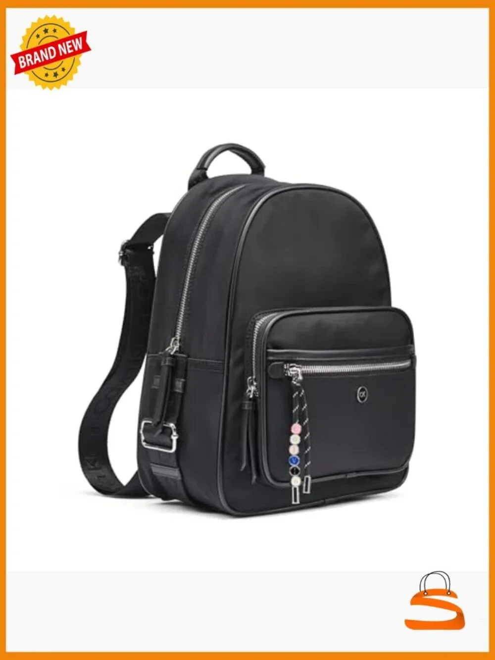 Organizational Backpack with Detachable Charm, Nylon, Multiple Pockets